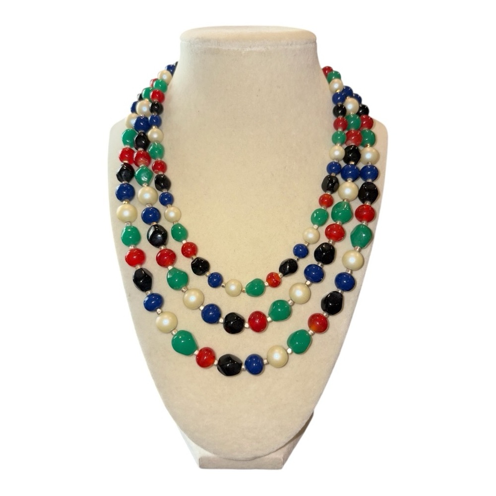Vintage Signed Japan – Triple‑Strand Glass Bead Faux Pearl Necklace JB7